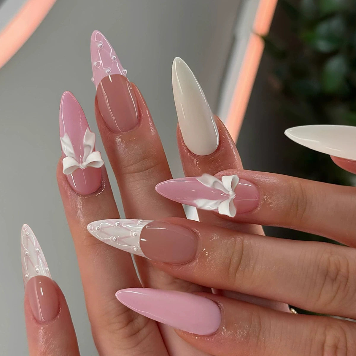 N-474 - Pink Girl Bow - Press On Nail Set Of 24 - Free 24 Pcs Sticker Sheet Included