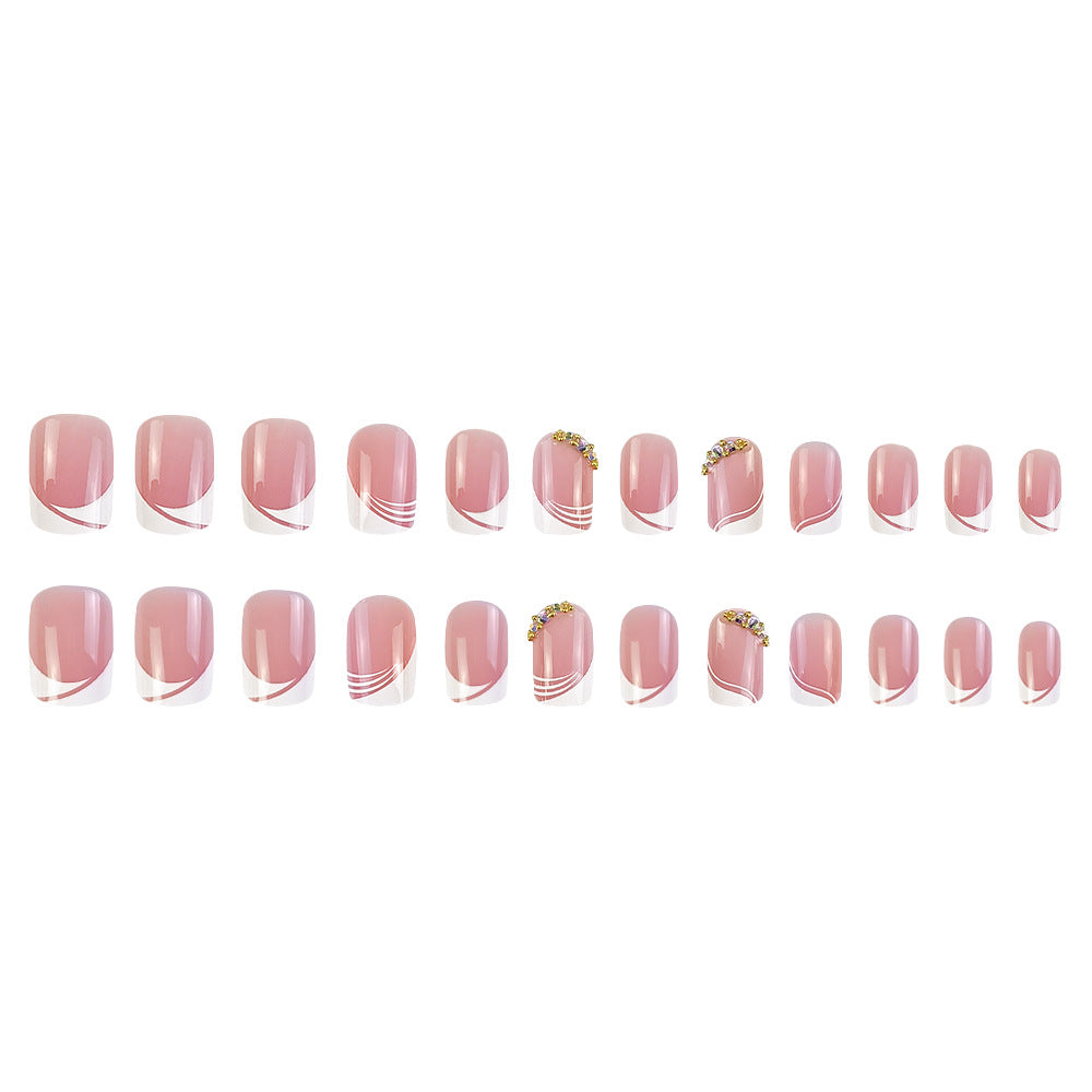 N-311-1- Pink & White Gold Foil Diamond - Press On Nail Set Of 24 - Free 24 Pcs Sticker Sheet Included
