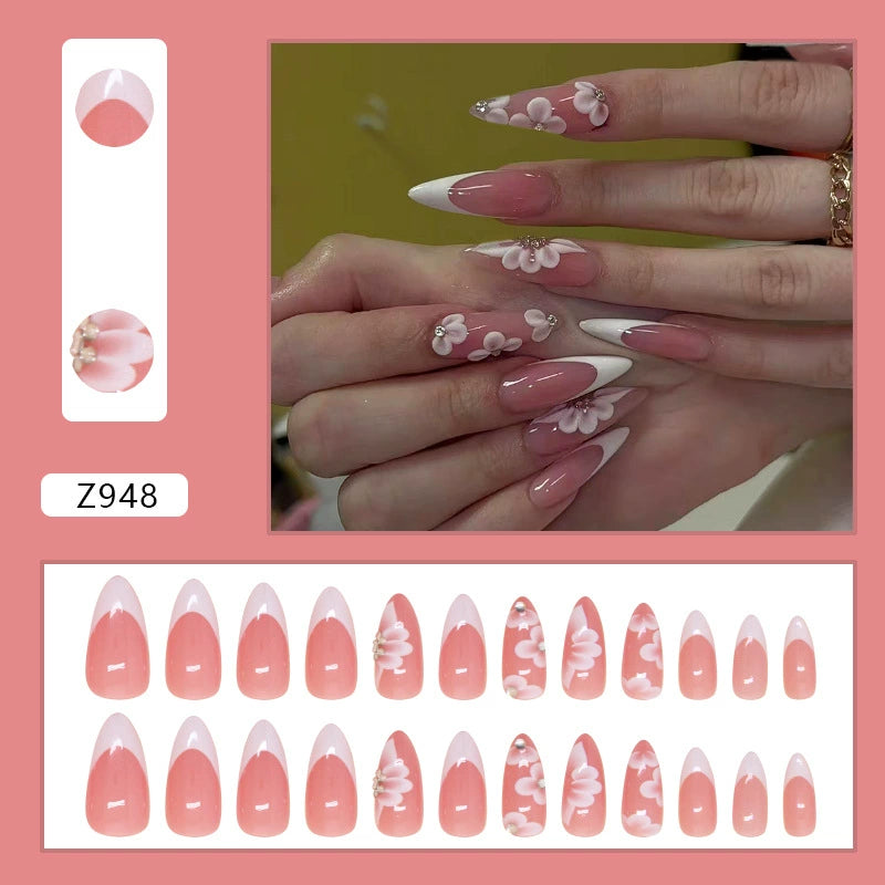 N-508 - White Flower Diamond Pink - Press On Nail Set Of 24 - Free 24 Pcs Sticker Sheet Included