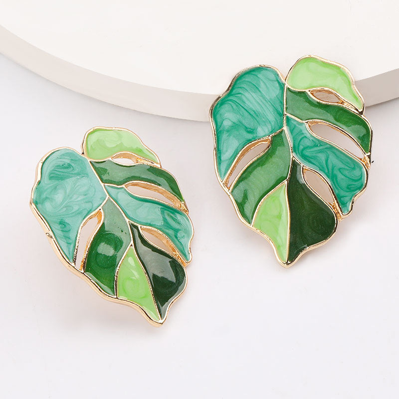 UNI-12847 - Green Leaf Gold Foil - Earring
