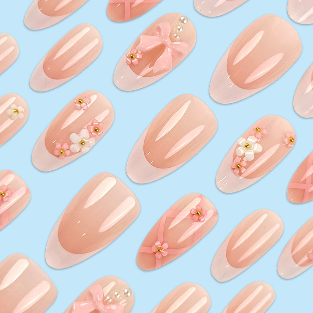 N-330- Bow Pastel - Press On Nail Set Of 24 - Free 24 Pcs Sticker Sheet Included