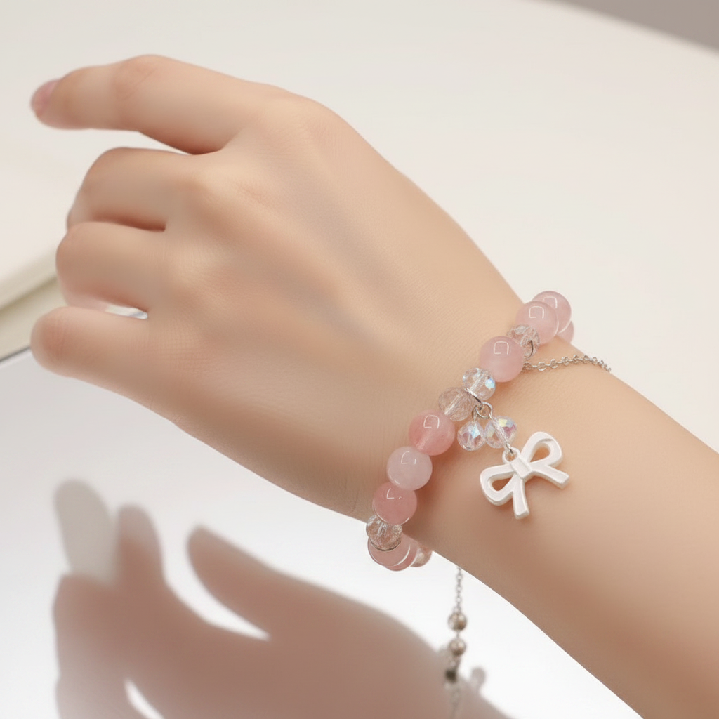 UNI-11993 -Pink Pastel Bow Beaded Stone - Bracelet