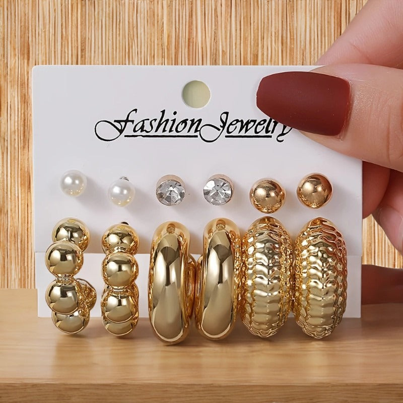 UNI-12045 - Classy Diamond & Gold Foil Series Hoop - Earrings Set Style 5