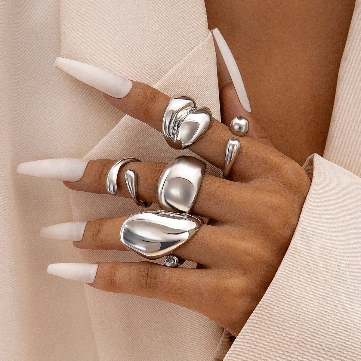 UNI-11115-23 - Luxury Geometric Silver - Ring Set Of 5