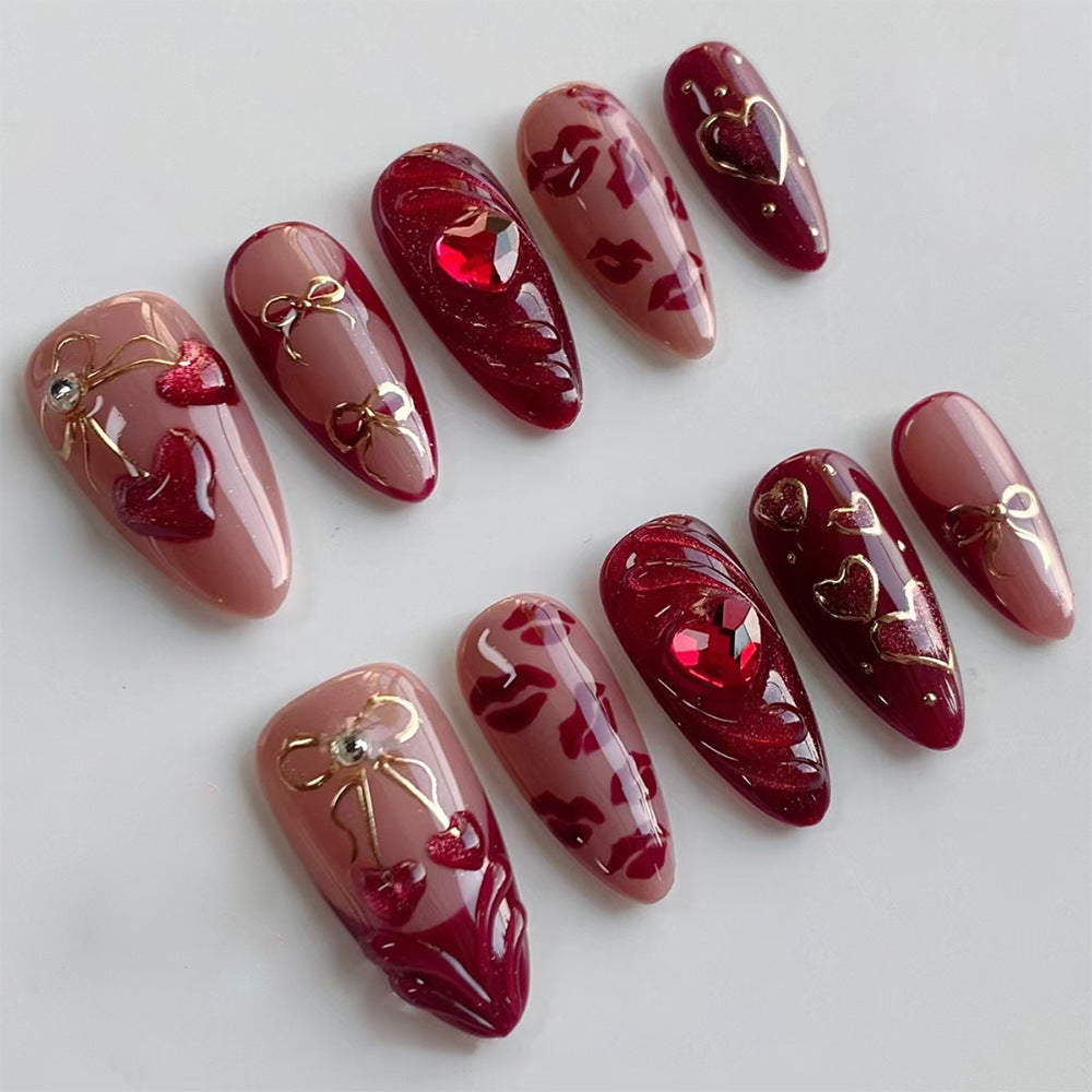 N-328 - Premium Foiled Bow & Girl Red - Press On Nail Set Of 24 - Free 24 Pcs Sticker Sheet Included