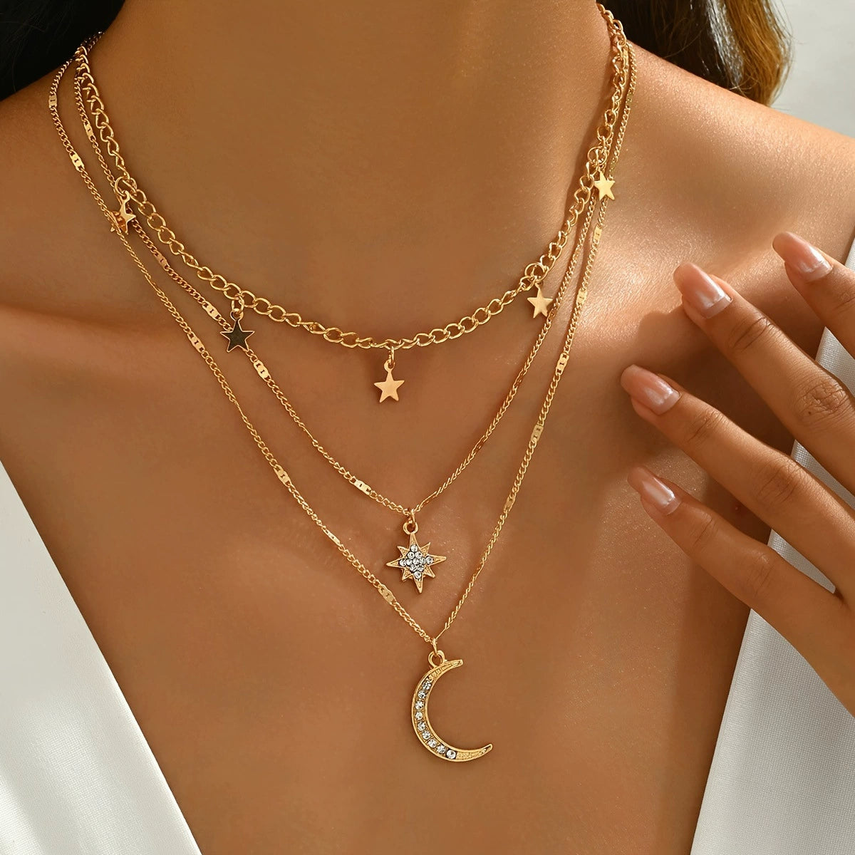 UNI-12689 - 3 Layered Moon & Star Gold - Necklace