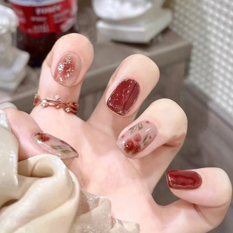N-193 - Shiny Maroon Flowers - Press On Nail Set Of 24