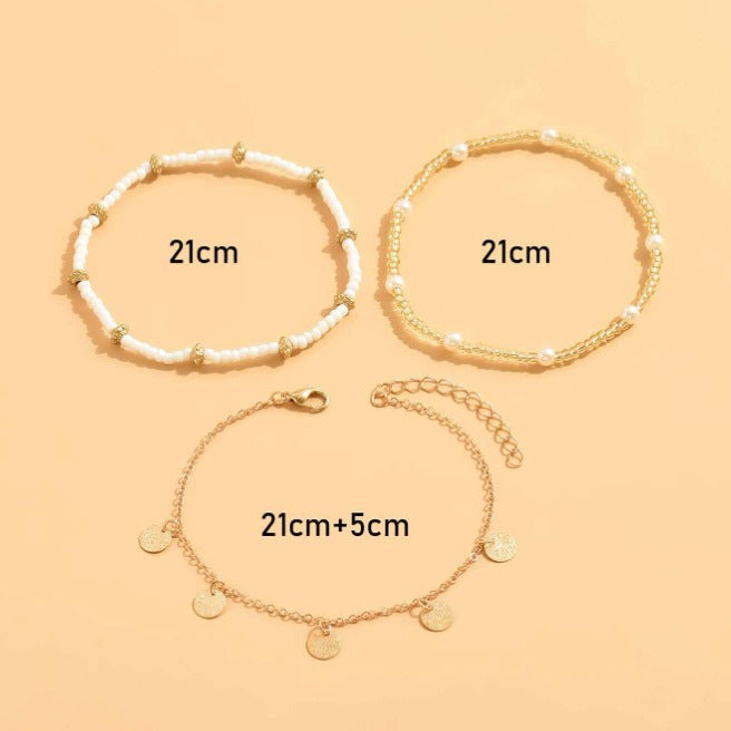 UNI-10681 - Beaded Pearl & Gold Chain - Anklet Set of 3
