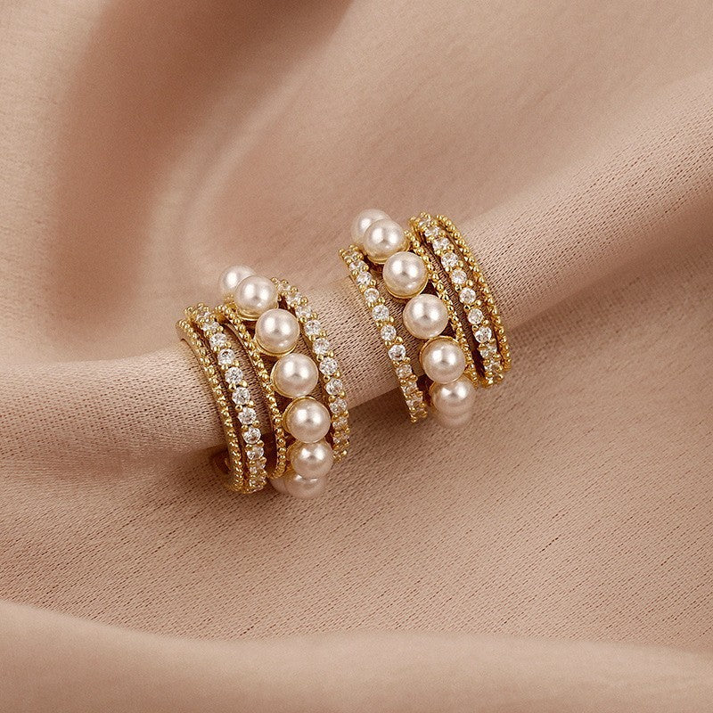 UNI-10421- Pearl & Diamonds Circle Hoop - Earring