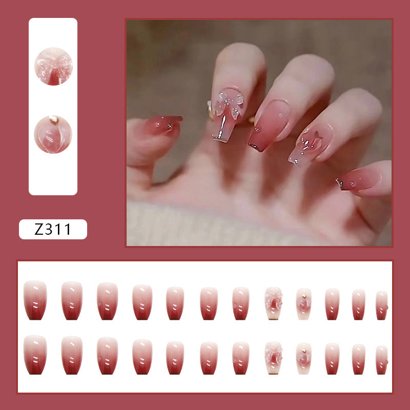 N-195 -  Shiny Butterfly Dark Pink  - Press On Nail Set Of 24
