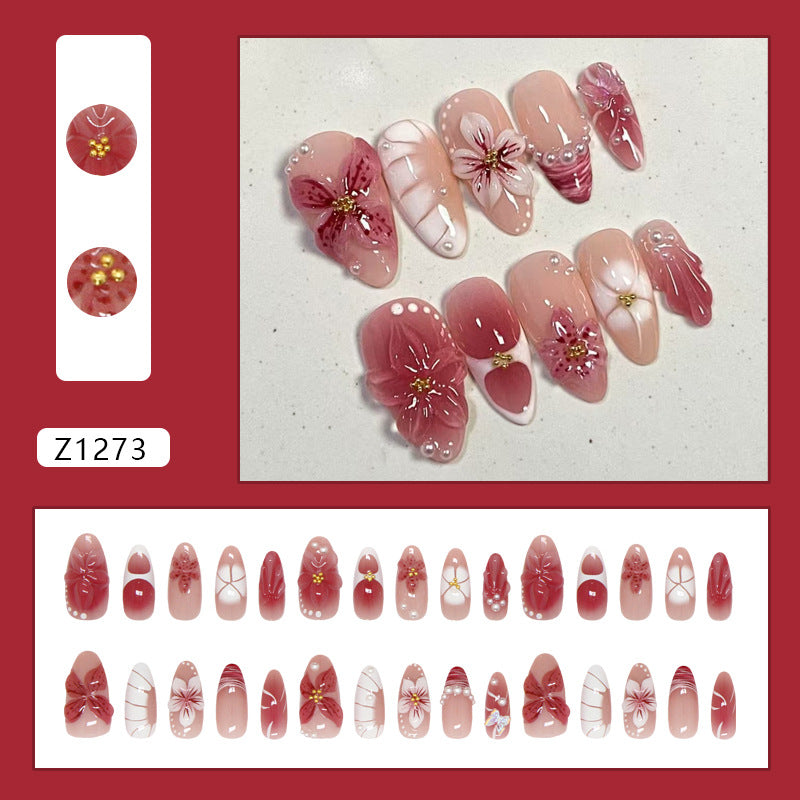 N-360 - Enameled Flower - Print Press On Nail Set Of 30 - Free 24 Pcs Sticker Sheet Included