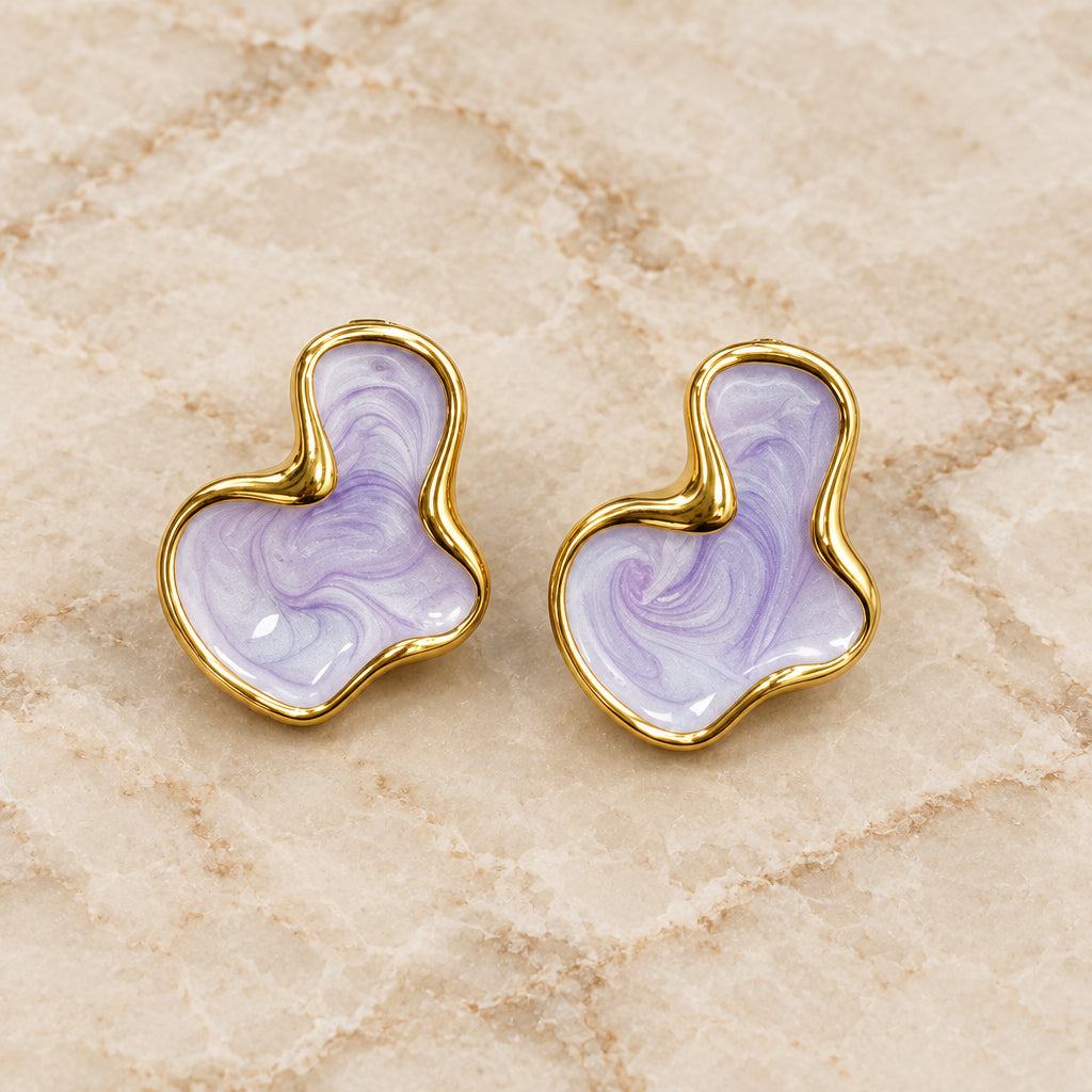 UNI-12868 - Irregular Purple Marbled Gold Foil - Earring