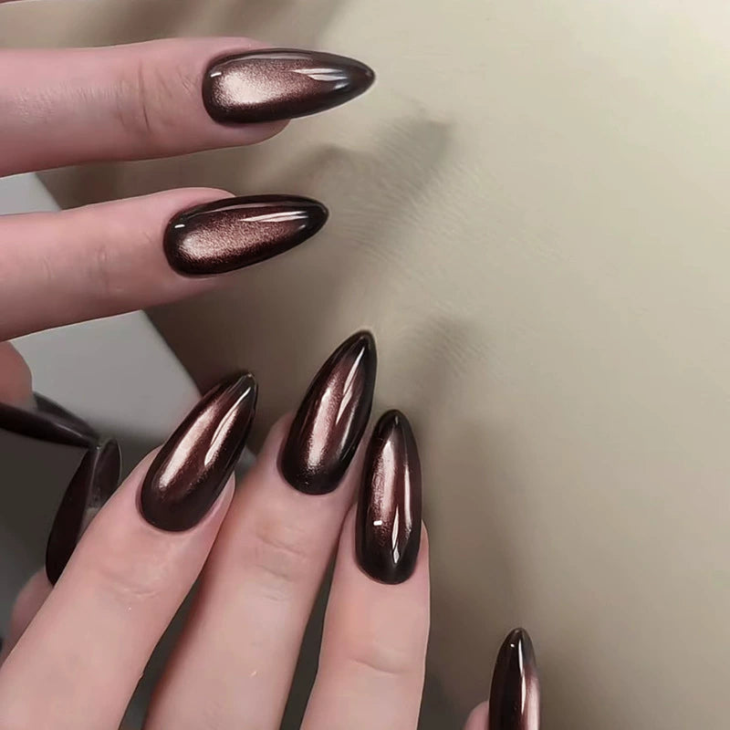 N-464- Galaxy Dark Night Metallic Brown French Coffee Shade- Press On Nail Set Of 24 - Free 24 Pcs Sticker Sheet Included