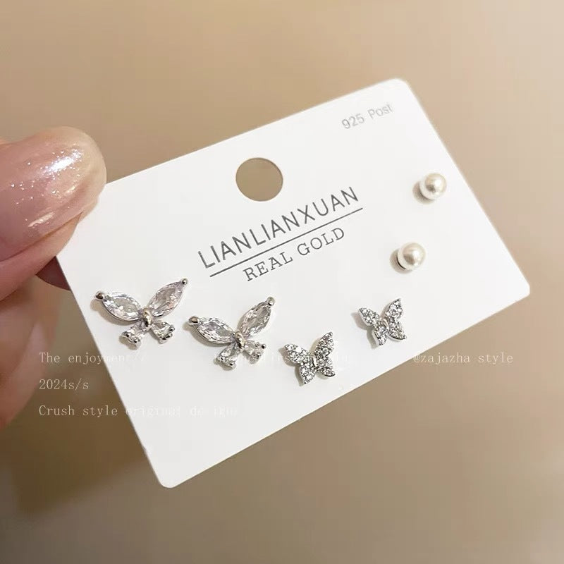 UNI-11975- Pearl & Butterfly Silver - Ear Studs Set Of 6