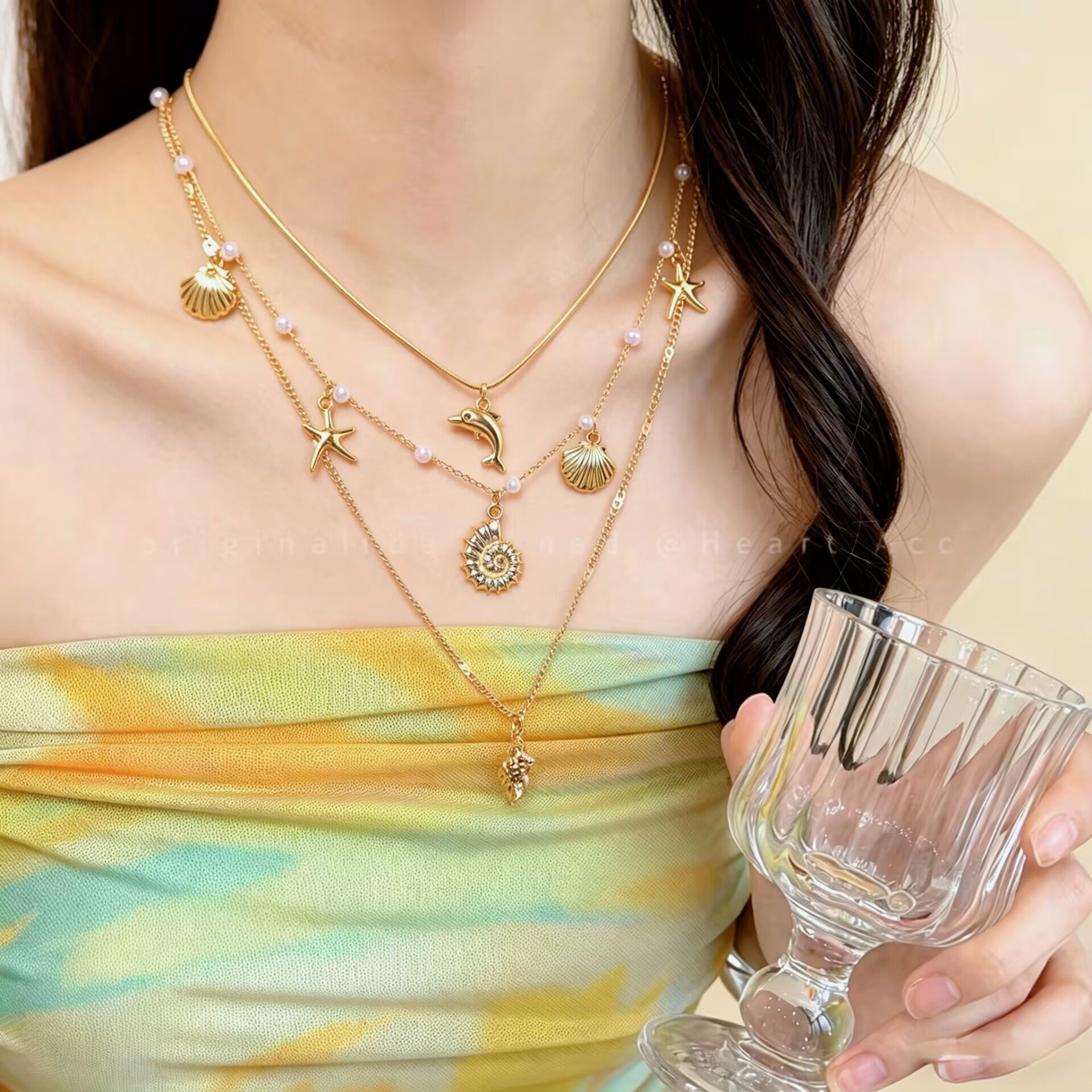 UNI-10977-2 - 3 Layered Sea Animal Charms Gold - Necklace