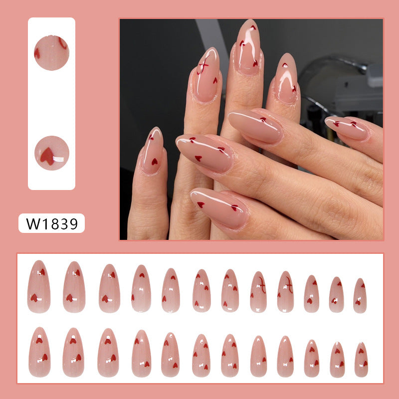 N-275 - Red Hearts Pink - Press On Nail Set Of 24 - Free 24 Pcs Sticker Sheet Included