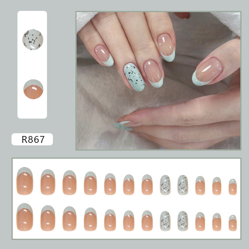 N-463 - Black Dotted Mint & Pink - Press On Nail Set Of 24 - Free 24 Pcs Sticker Sheet Included