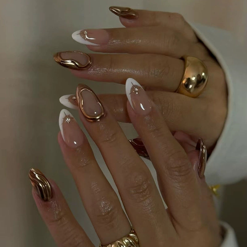 N-364 - Classy Foiled - Press On Nail Set Of 30 - Free 24 Pcs Sticker Sheet Included