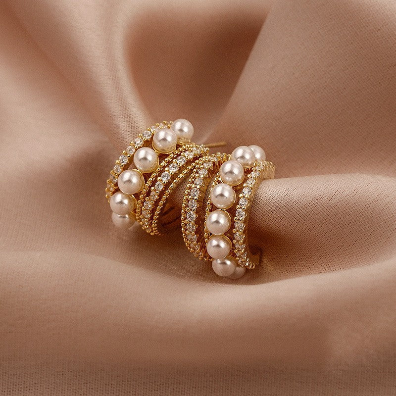UNI-10421- Pearl & Diamonds Circle Hoop - Earring