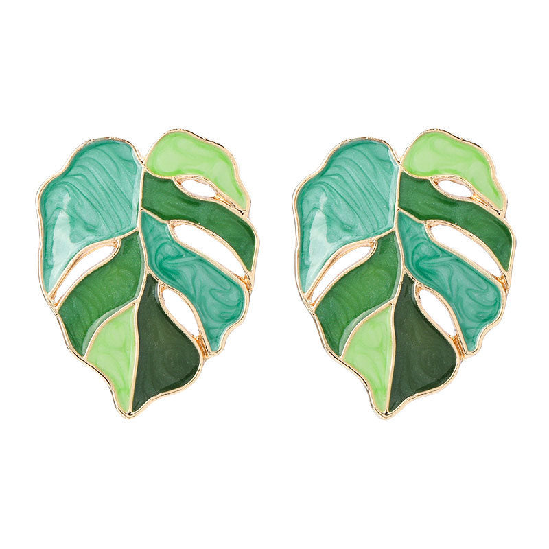 UNI-12847 - Green Leaf Gold Foil - Earring