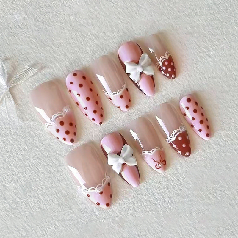 N-496 - Bow & Polka Pink - Press On Nail Set Of 24 - Free 24 Pcs Sticker Sheet Included