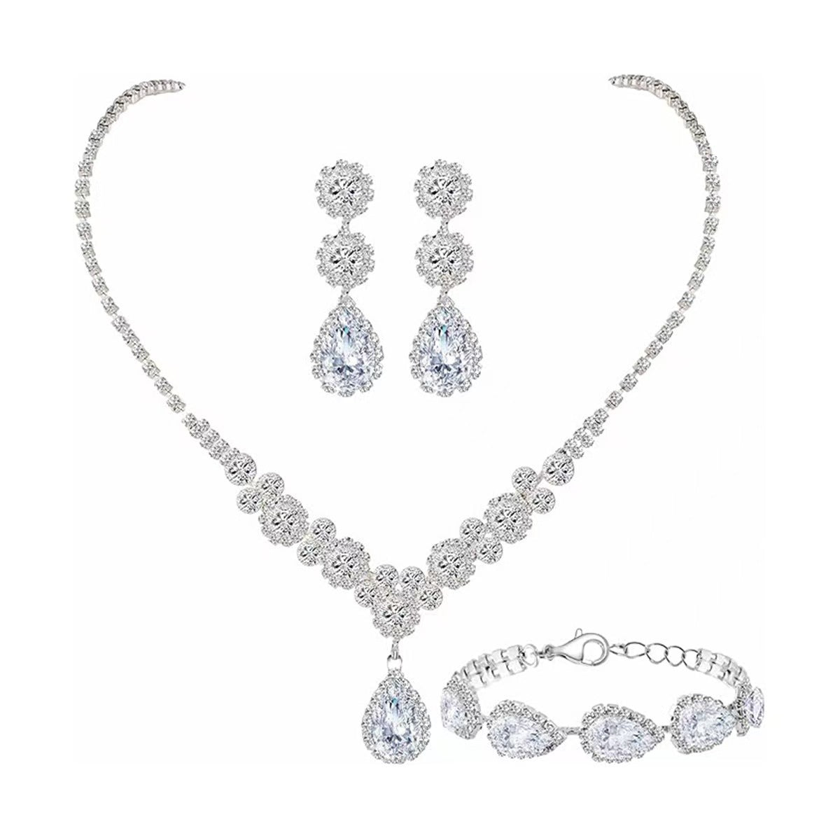 UNI-11955 - Premium White Diamonds Teardrop Silver - Jewelry Set