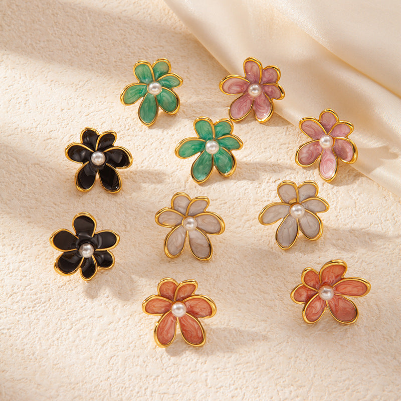 UNI-12844 - Turquoise Pearl Flowers Gold Foil - Earring