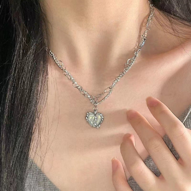 UNI-11210 - Heart Stone & Diamond Chain Silver - Necklace