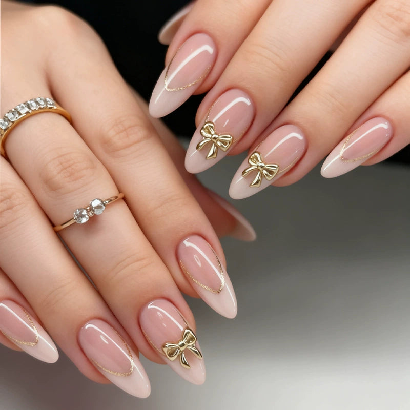 N-386 - Shiny Pink & Gold Bow - Press On Nail Set Of 24 - Free 24 Pcs Sticker Sheet Included