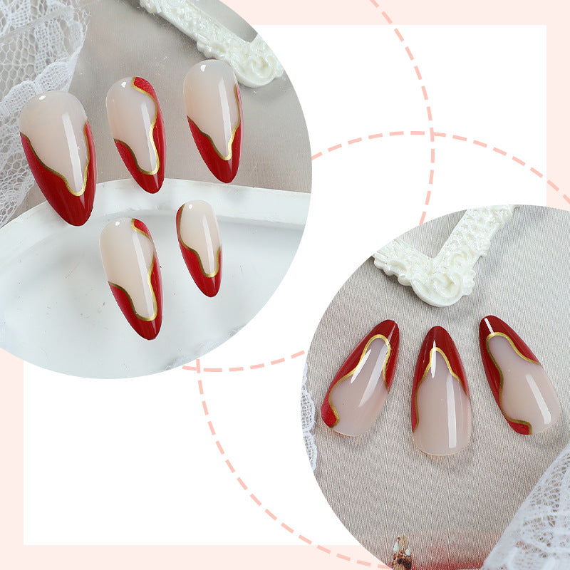 N-343 - Stylish Red & Foiled - Press On Nail Set Of 24 - Free Nail Kit Included