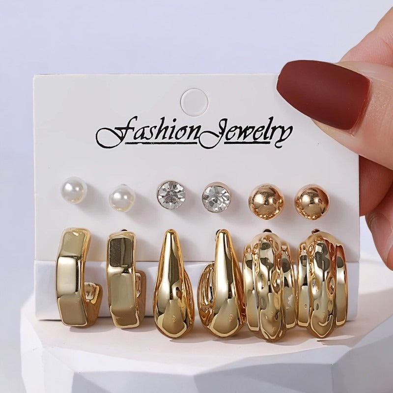 UNI-12042 -Classy Diamond & Gold Foil Series Hoop - Earrings Set Style 2