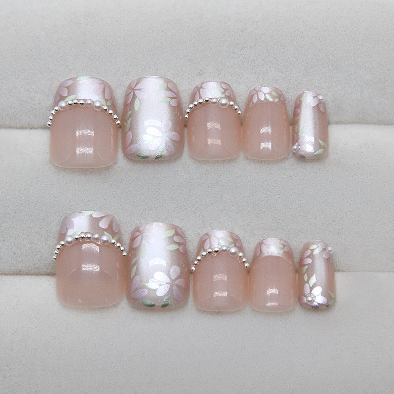 N-274 - Peach Flower - Press On Nail Set Of 24 - Free 24 Pcs Sticker Sheet Included