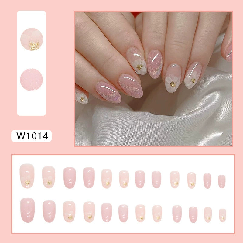 N-376 - Pink Flower & Shiny - Press On Nail Set Of 24 - Free 24 Pcs Sticker Sheet Included