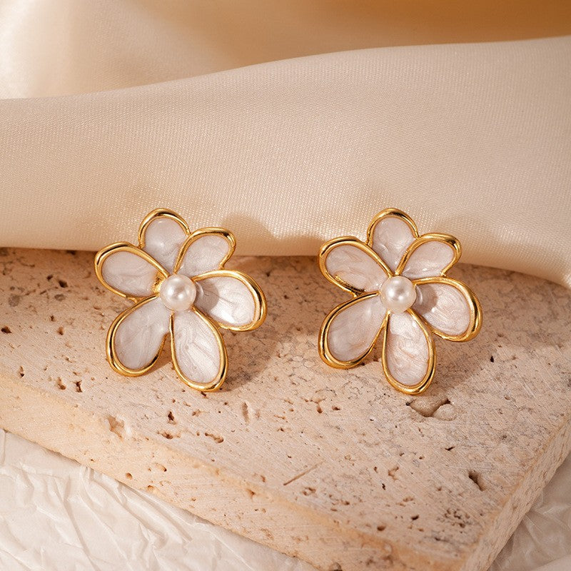 UNI-12842 - White Pearl Flowers Gold Foil - Earring