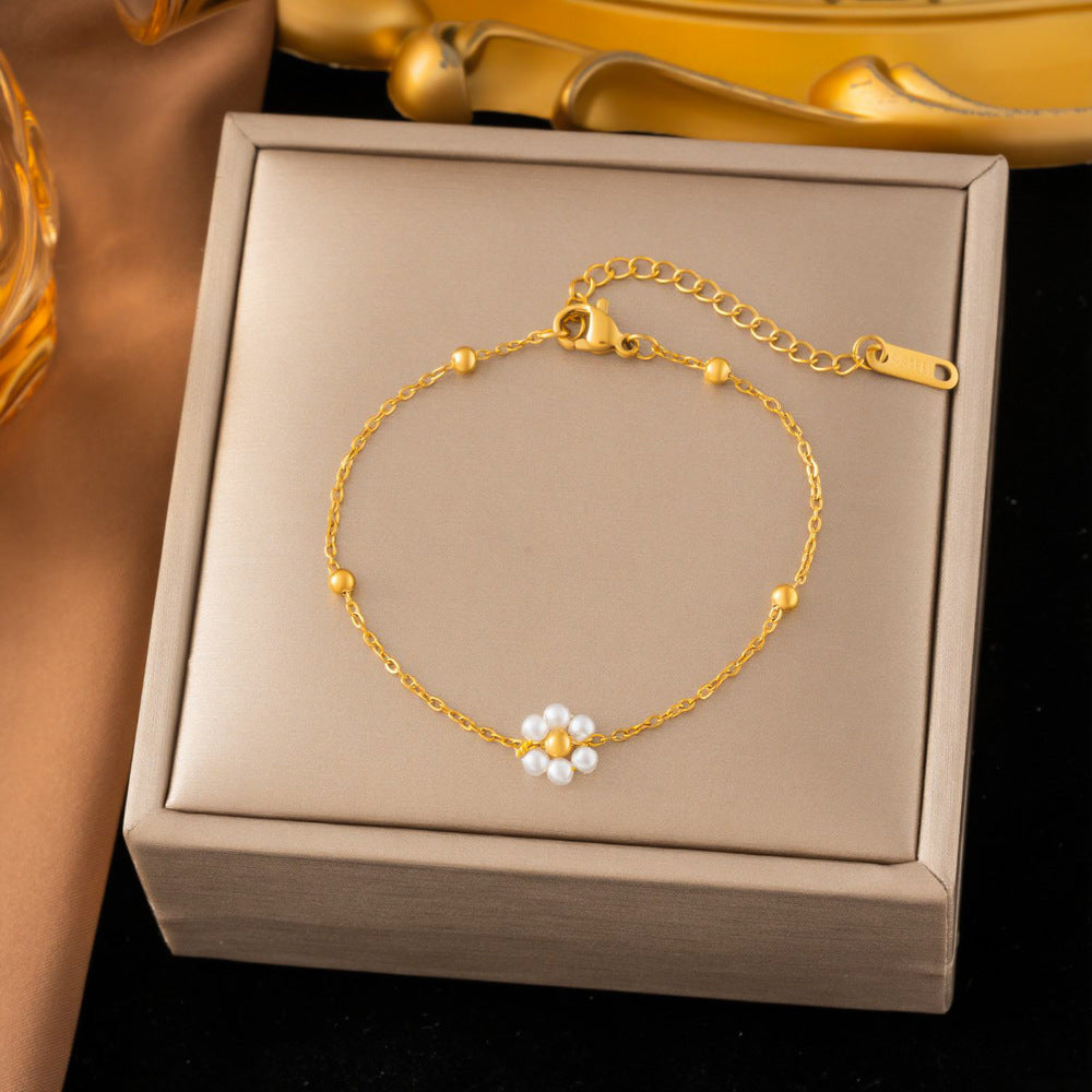 SS-12525 - Pearly Flower Gold Chain - Bracelet