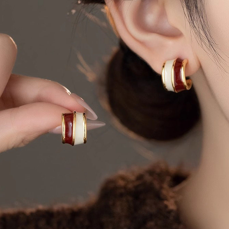 UNI-12849 - Simple Maroon & White Gold Foil - Earring