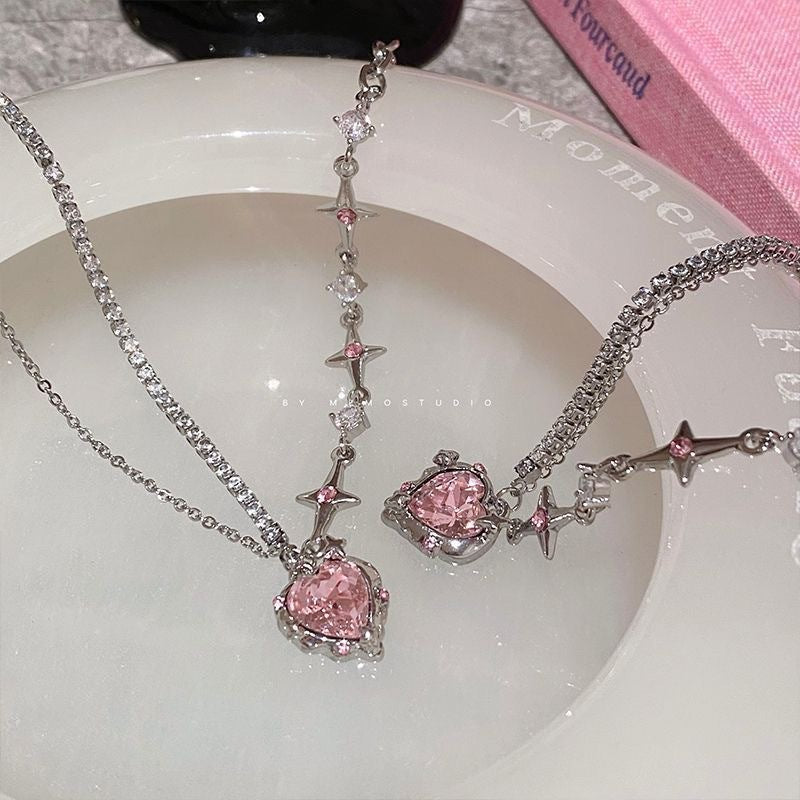 UNI-12287 - Pink Diamond Heart Silver- Necklace