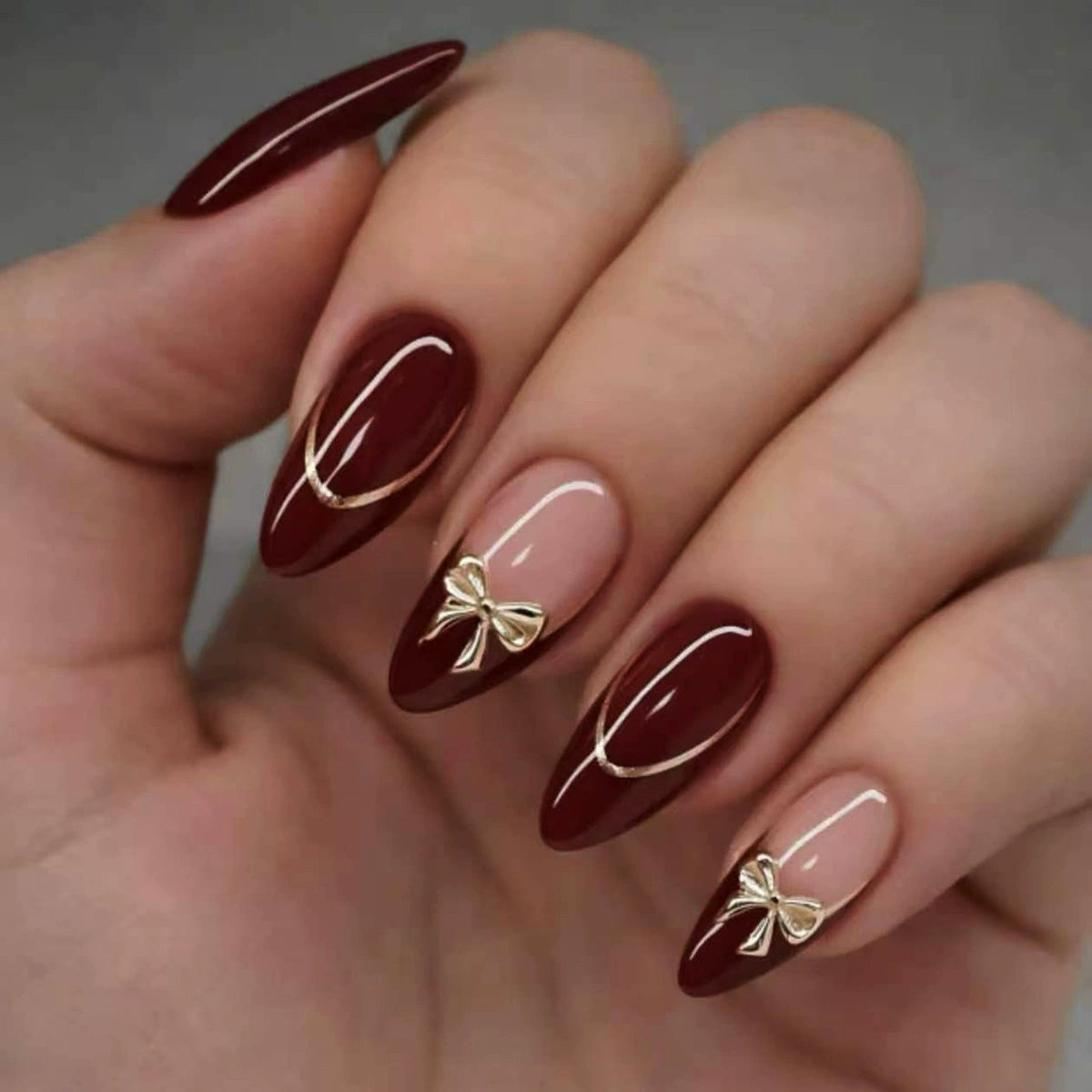 N-350 - Bow Foil Maroon & Pink - Press On Nail Set Of 24 - Free 24 Pcs Sticker Sheet Included