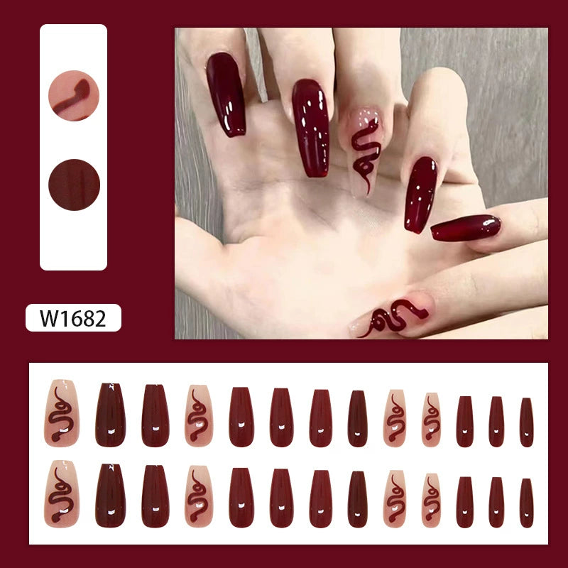 N-494 - Maroon Snake Pink - Press On Nail Set Of 24 - Free 24 Pcs Sticker Sheet Included