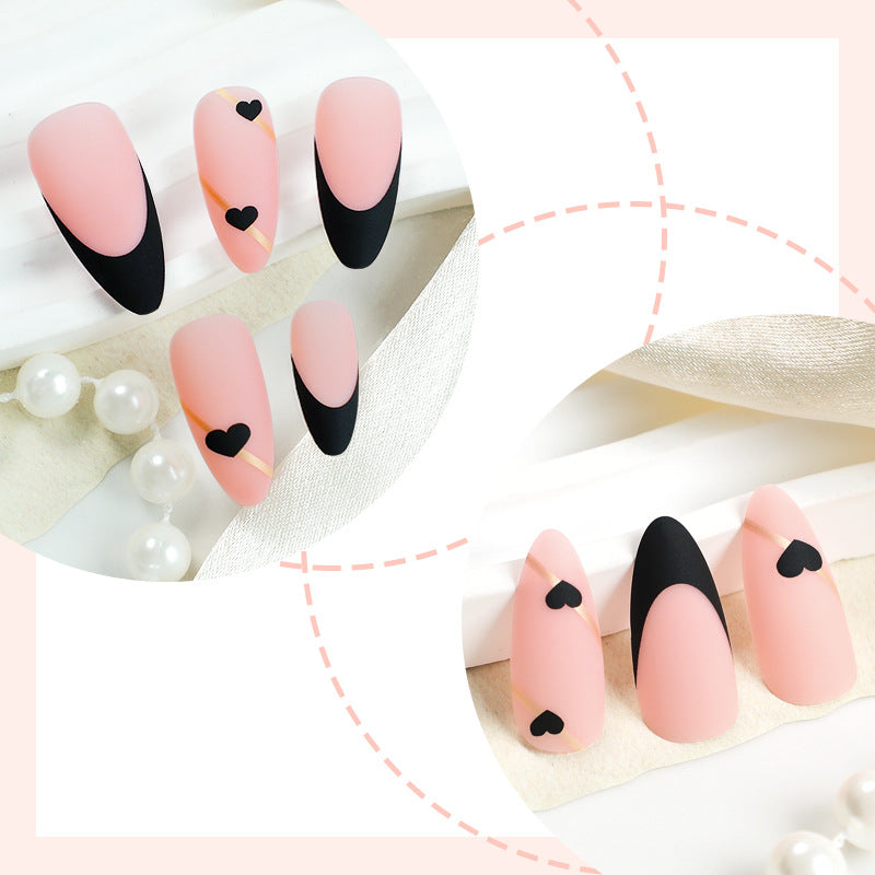 N-220 - Black Heart & Pink - Press On Nail Set Of 24 - Free Nail Kit Included