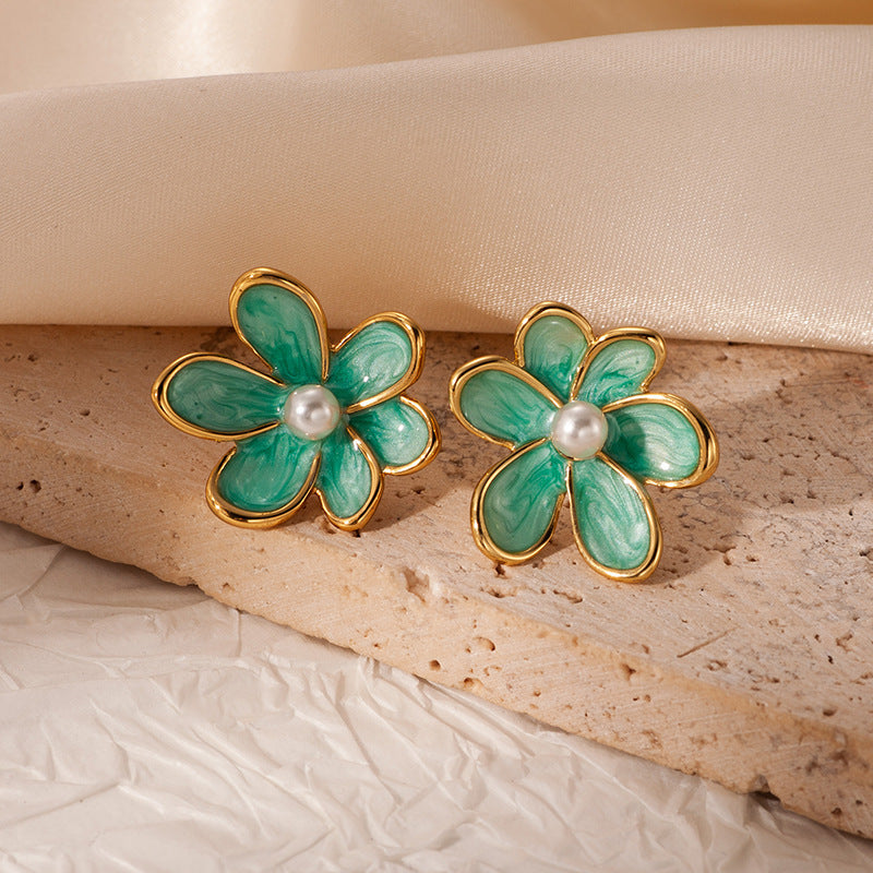 UNI-12844 - Turquoise Pearl Flowers Gold Foil - Earring