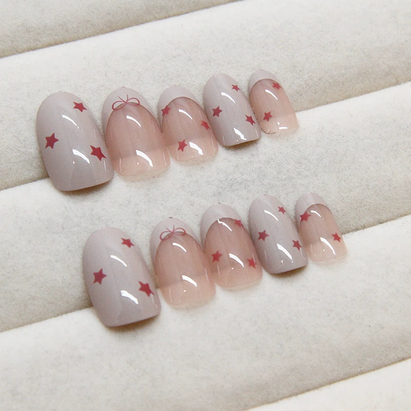 N-367 - Red Bow & Stars - Print Press On Nail Set Of 24 - Free 24 Pcs Sticker Sheet Included