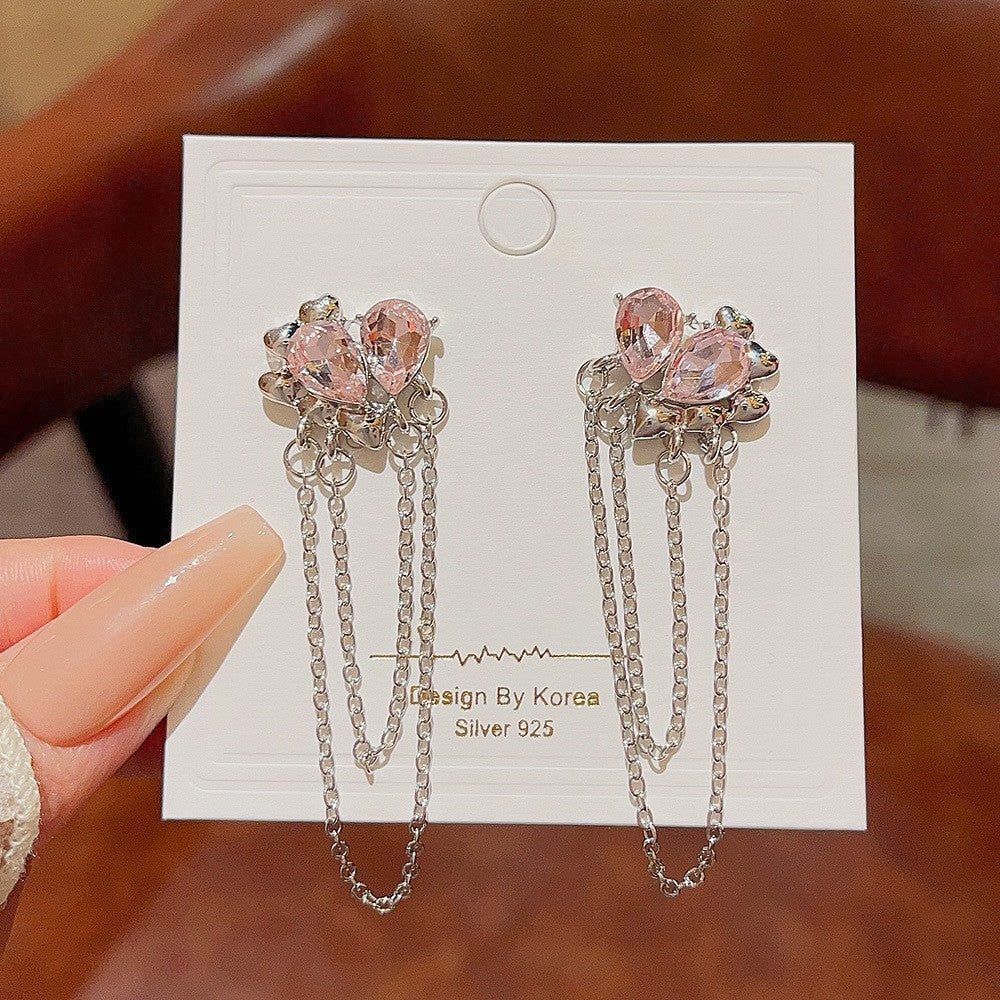 UNI-11265 - Crystal Diamond & Silver Chain - Earring