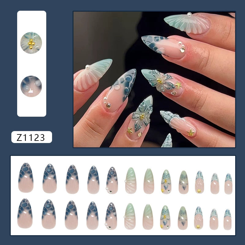 N-353 - Watercolor Flower - Press On Nail Set Of 24 - Free 24 Pcs Sticker Sheet Included