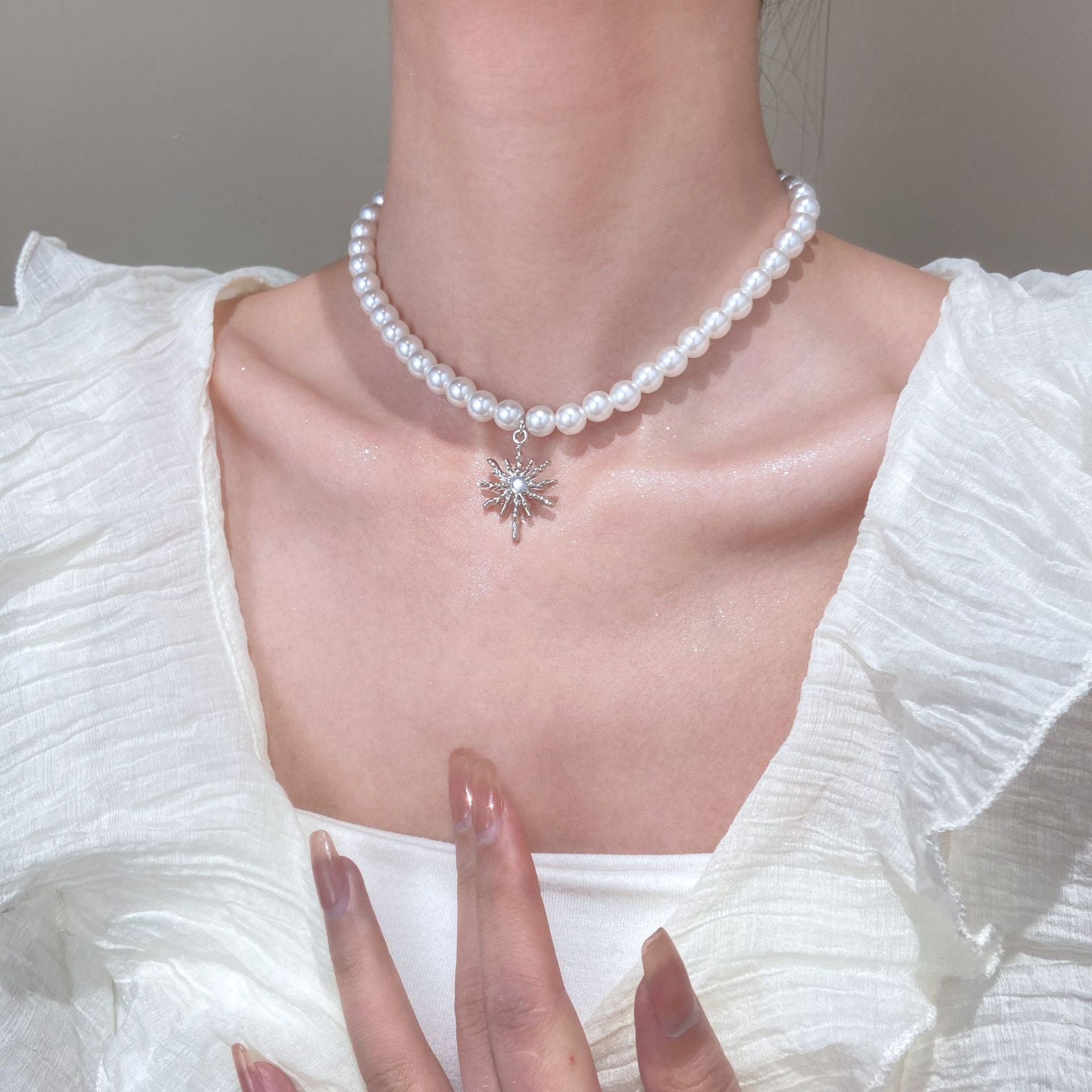 UNI-10976 - White Pearls & Silver Charm - Necklace