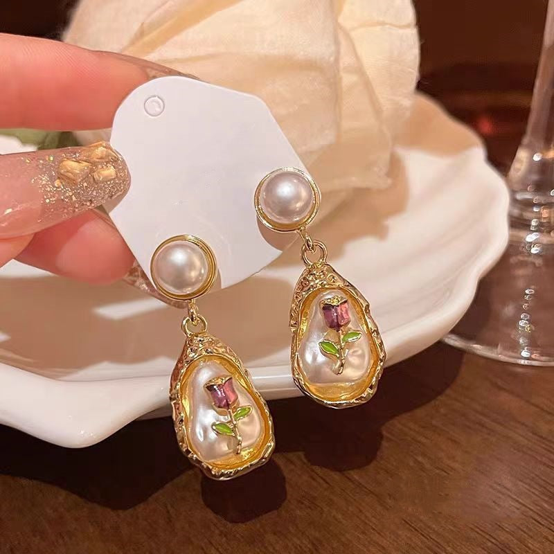 UNI-12060 - Luxury Pearly Oil Painting Monet Garden Gold - Earring