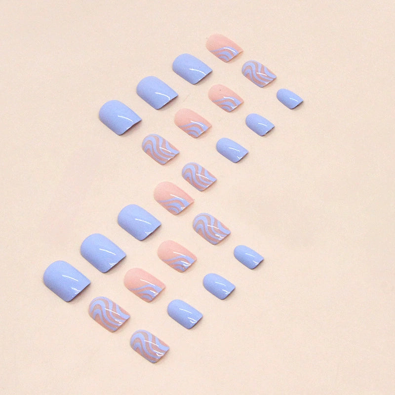 N-421 - Blue & Pink Series - Press On Nail Set Of 24 - Free 24 Pcs Sticker Sheet Included