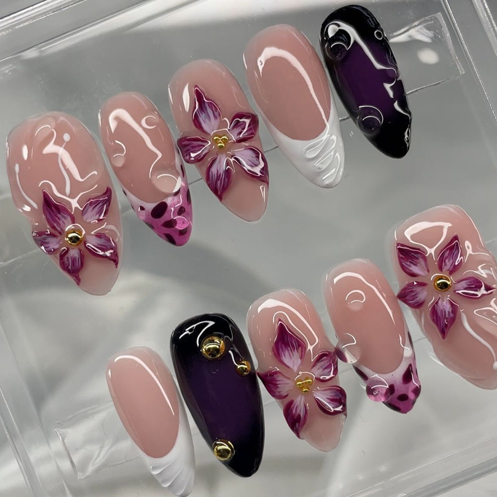 N-325- Beautiful Flowers Shiny - Press On Nail Set Of 24 - Free 24 Pcs Sticker Sheet Included