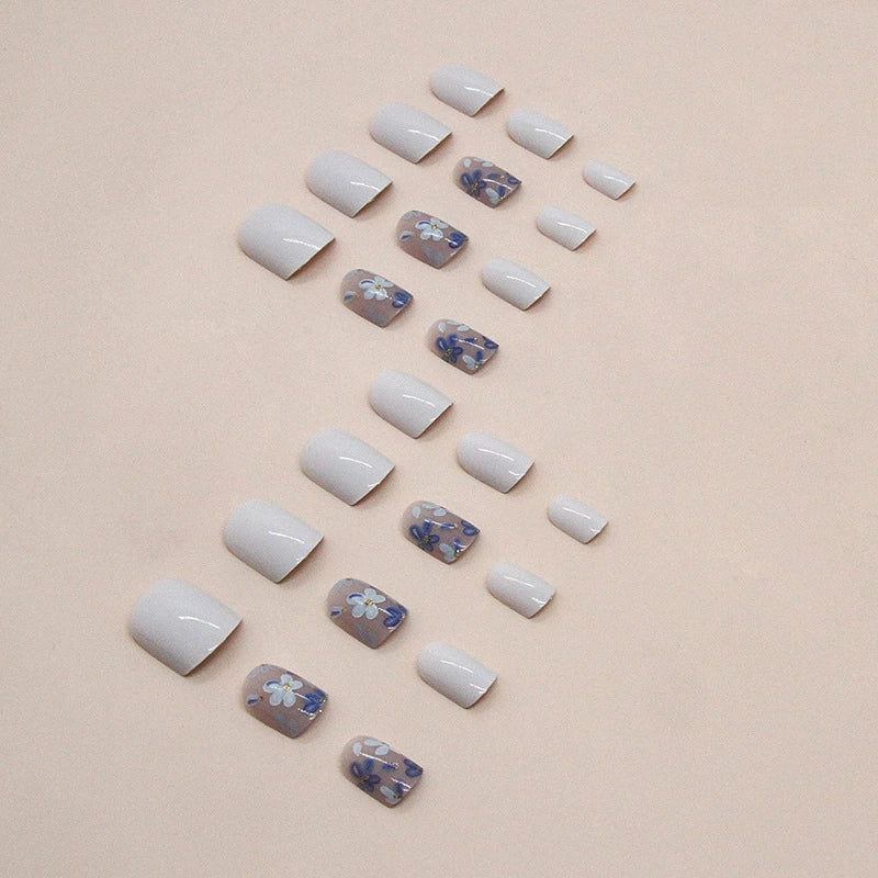 N-459 - Blue Flowers - Press On Nail Set Of 24 - Free 24 Pcs Sticker Sheet Included