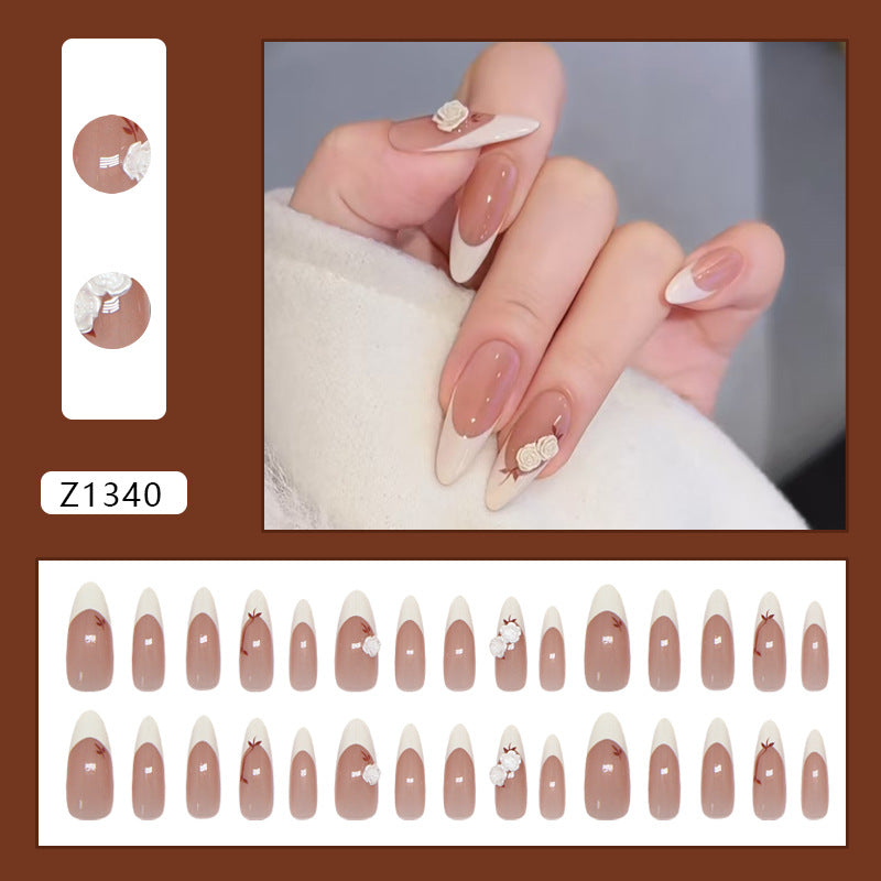 N-467 - White Flower Long - Press On Nail Set Of 24 - Free 24 Pcs Sticker Sheet Included